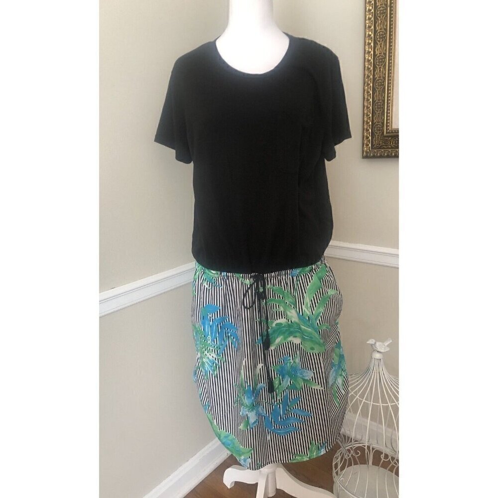 Lauren Ralph Lauren Womens Size XL Black Green Floral Striped Short Sleeve Dress